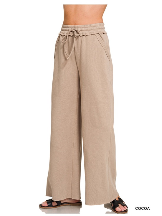 Zenana Outfitters Pants - Zenana Outfitters Taupe Cocoa Elastic Wide-Leg Drawstring Pants small